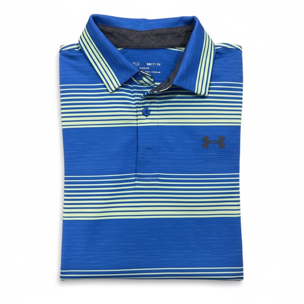 UNDER ARMOR Men’s Blue Light Green 3 Button Loose Polo with HeatGear sz Sm NWOT